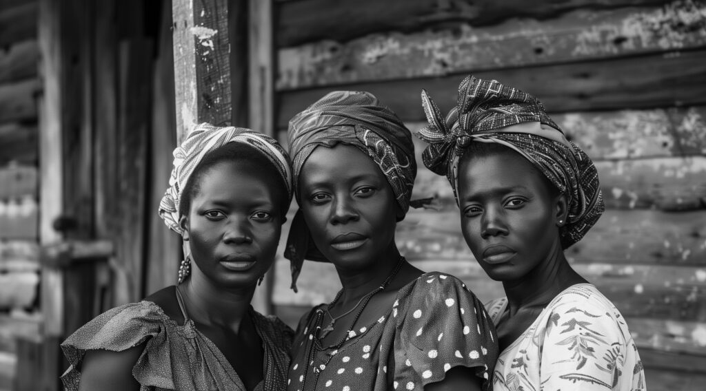three women posing in front of a wooden building, traditional african art, animated film pioneer, rustic americana, depictions of labor, captivating documentary photos --ar 70:39 Job ID: e2d8ce01-b4e7-441c-8b9f-52066735e994