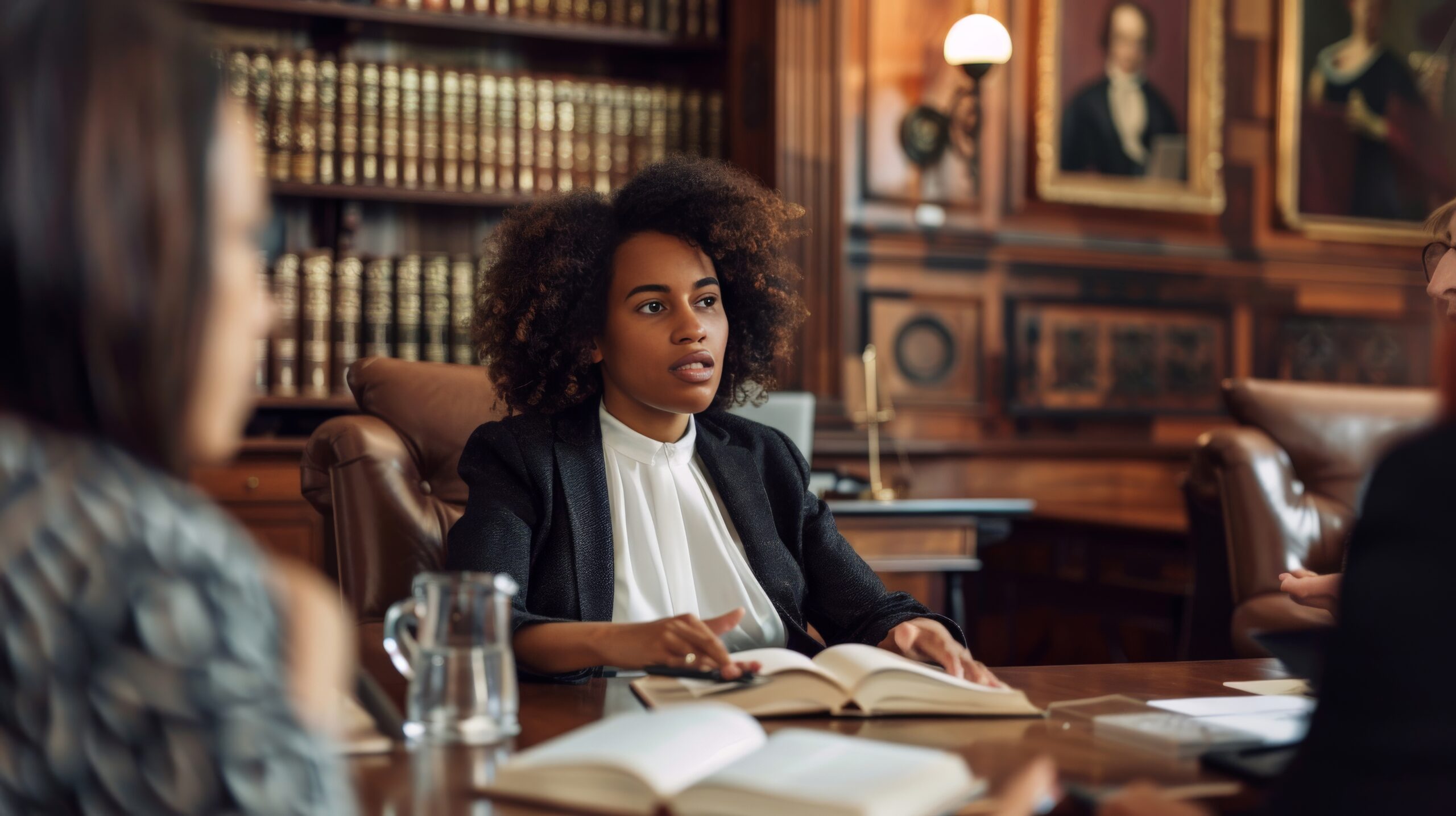 A photo capturing women legal professionals in a law office or courtroom setting, working on cases with a focus on justice, integrity, and professionalism. The environment should be formal and dignified.